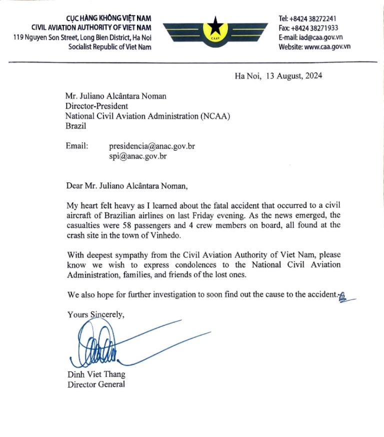 Cục Hàng không Việt Nam gửi Thư chia buồn tới Cục Hàng không dân dụng Brazil về vụ tai nạn máy bay ngày 09 tháng 8 năm 2024